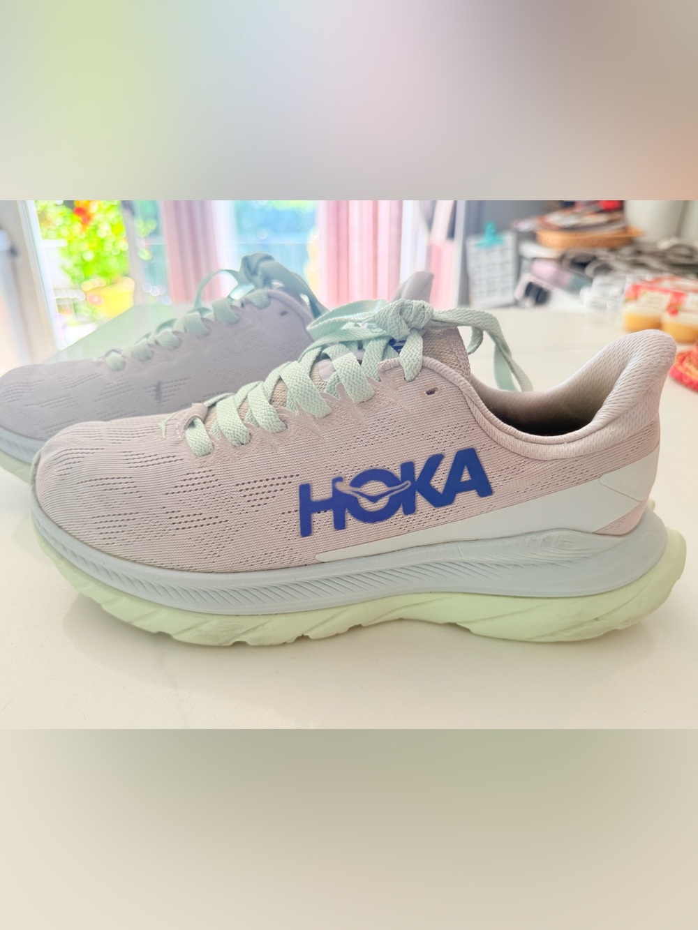Hoka One One Mach in Light Pink and Mint